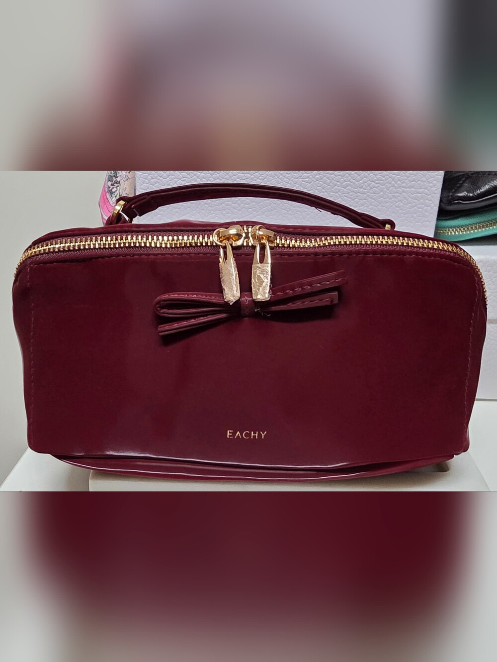 EACHY Deep Red Top-Handle Toiletry Travel Bag with Bow Detail NWOT